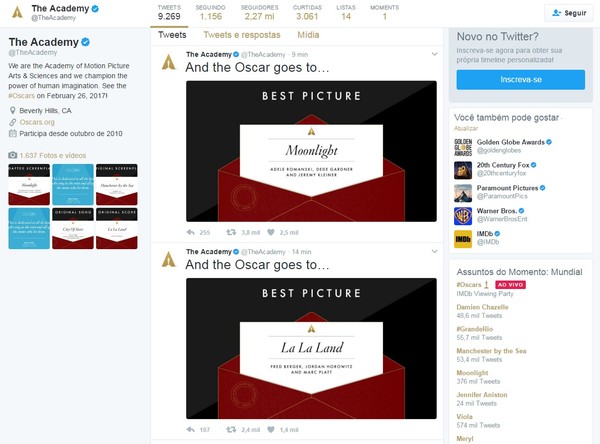 Academia publicou dois ganhadores do Oscar de melhor filme em seu twitter (Foto: Reprodução)